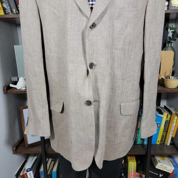 Eddie Bauer Men's Sport Coat Blazer Two Button Beige Herringbone Irish Linen 44R
